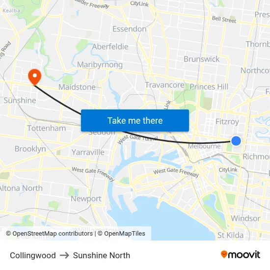 Collingwood to Sunshine North map