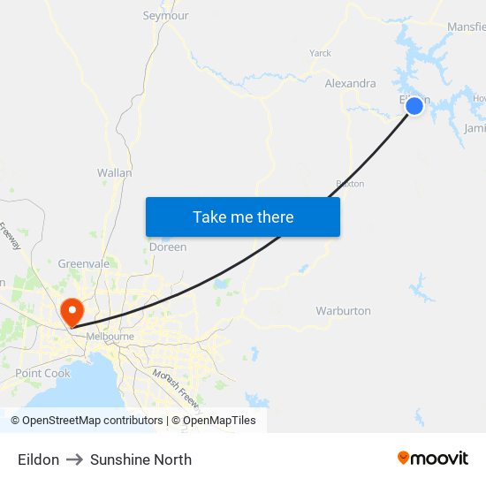 Eildon to Sunshine North map