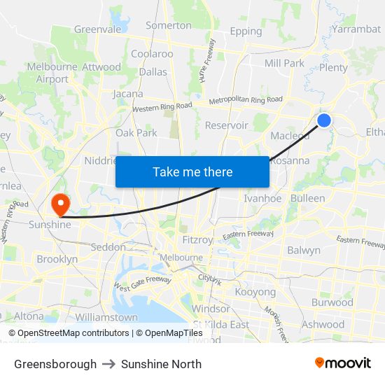 Greensborough to Sunshine North map