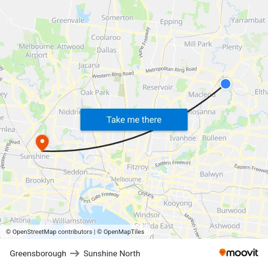 Greensborough to Sunshine North map