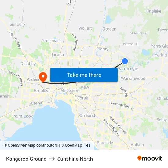 Kangaroo Ground to Sunshine North map