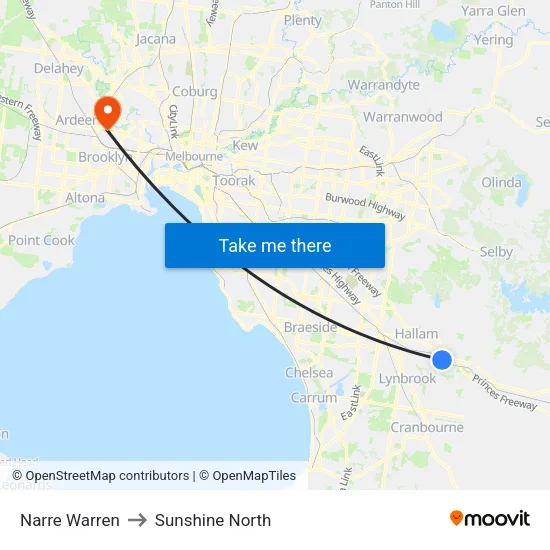 Narre Warren to Sunshine North map