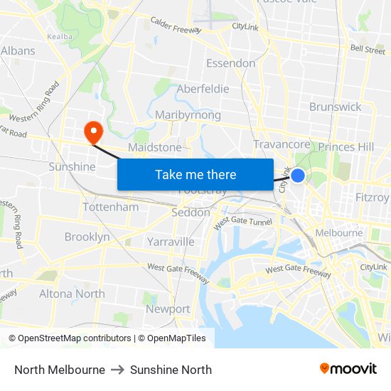 North Melbourne to Sunshine North map
