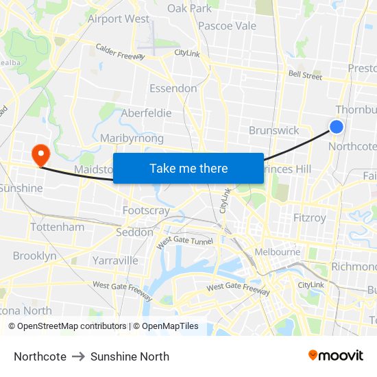 Northcote to Sunshine North map