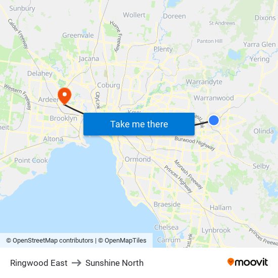 Ringwood East to Sunshine North map