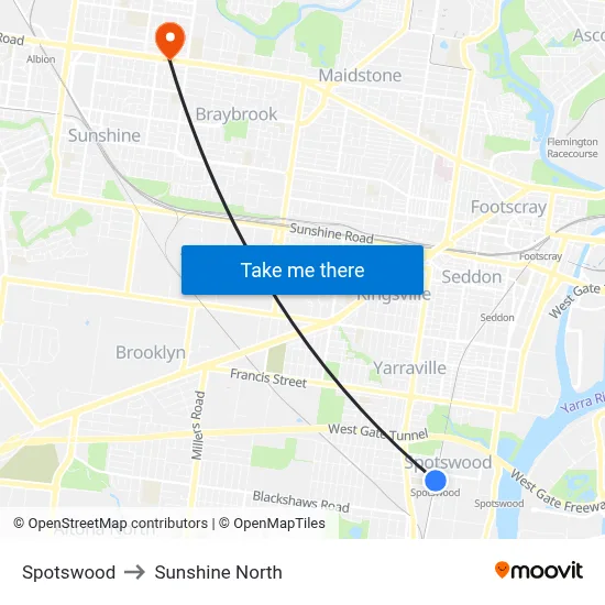 Spotswood to Sunshine North map