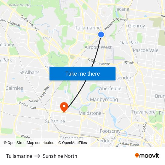 Tullamarine to Sunshine North map