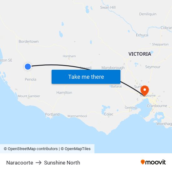 Naracoorte to Sunshine North map