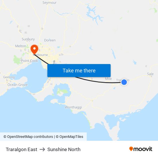 Traralgon East to Sunshine North map