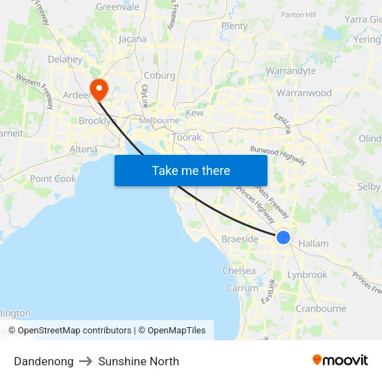 Dandenong to Sunshine North map