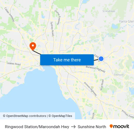 Ringwood Station/Maroondah Hwy to Sunshine North map