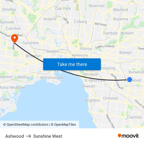 Ashwood to Sunshine West map