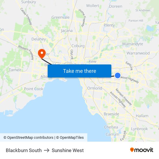 Blackburn South to Sunshine West map