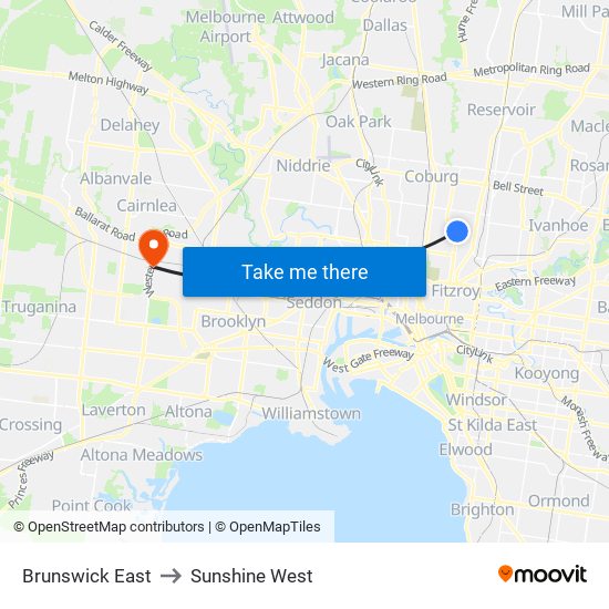 Brunswick East to Sunshine West map