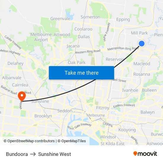 Bundoora to Sunshine West map