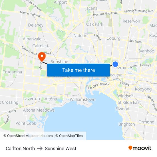 Carlton North to Sunshine West map