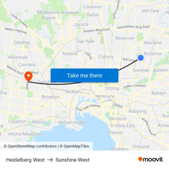 Heidelberg West to Sunshine West map