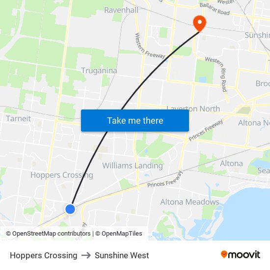 Hoppers Crossing to Sunshine West map