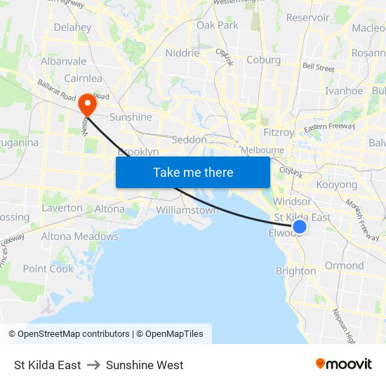 St Kilda East to Sunshine West map