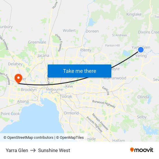 Yarra Glen to Sunshine West map