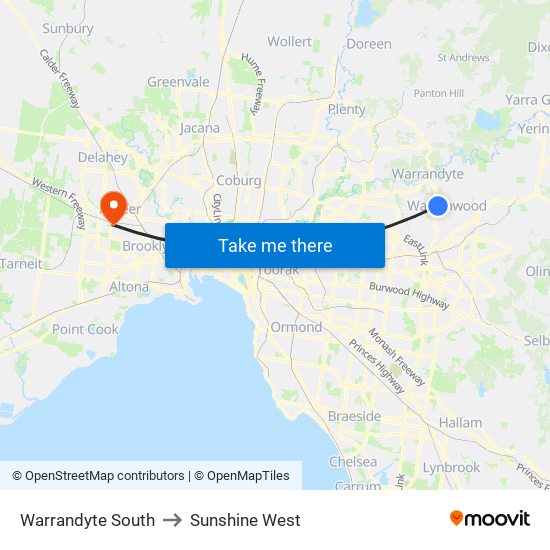 Warrandyte South to Sunshine West map