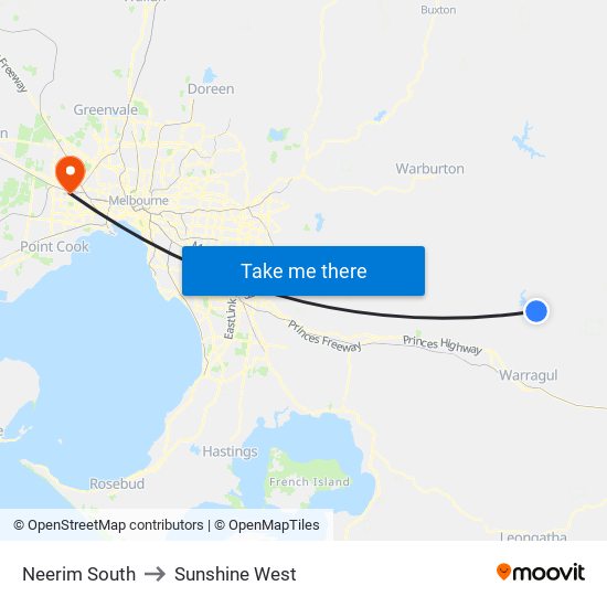 Neerim South to Sunshine West map