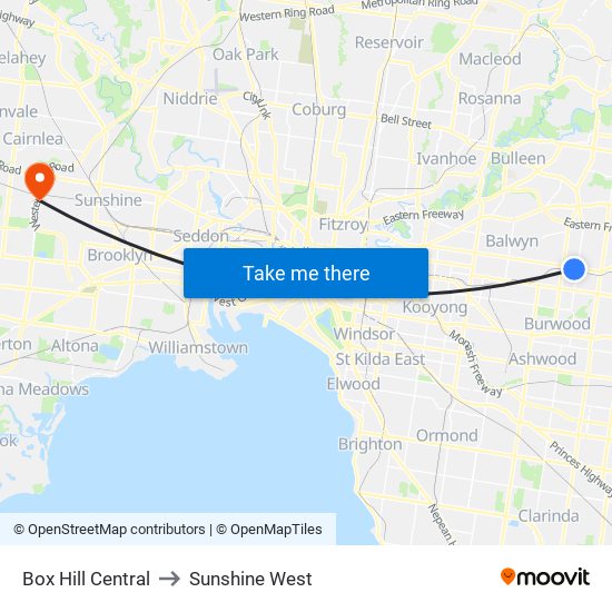 Box Hill Central to Sunshine West map