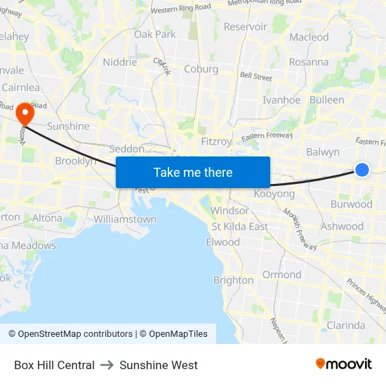 Box Hill Central to Sunshine West map