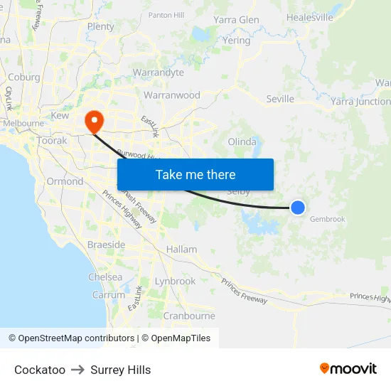 Cockatoo to Surrey Hills map