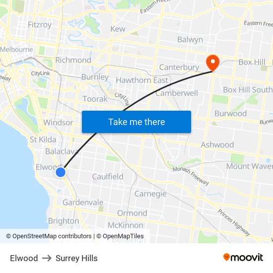 Elwood to Surrey Hills map