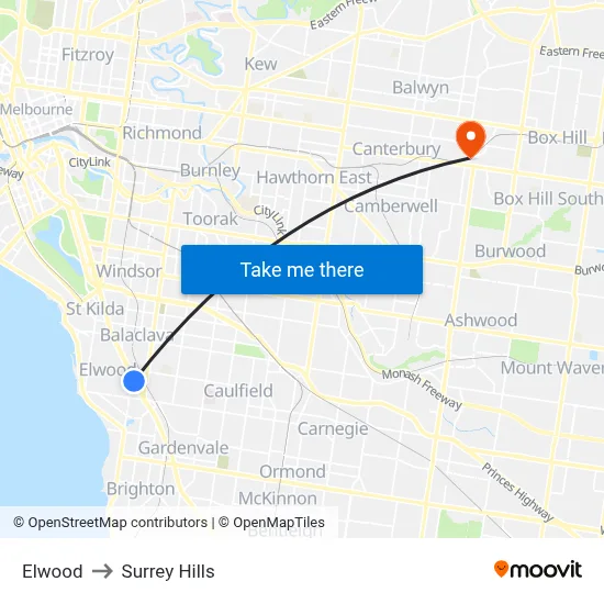 Elwood to Surrey Hills map