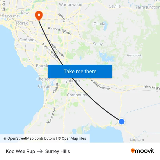 Koo Wee Rup to Surrey Hills map