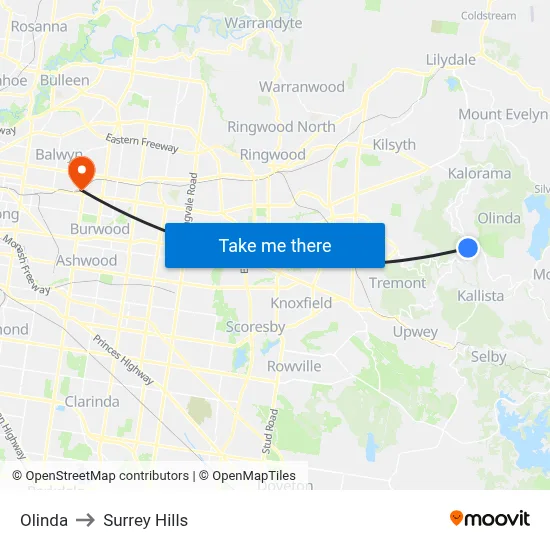 Olinda to Surrey Hills map