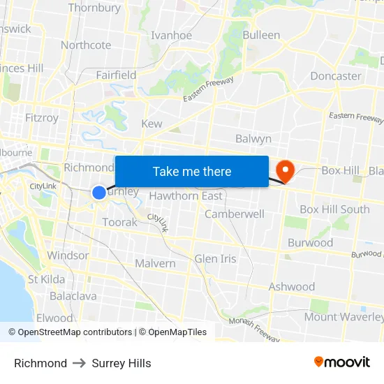 Richmond to Surrey Hills map