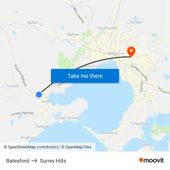 Batesford to Surrey Hills map