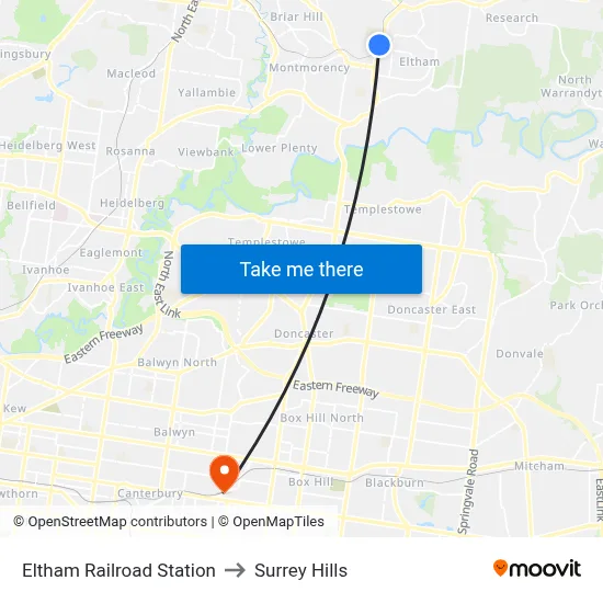 Eltham Railroad Station to Surrey Hills map