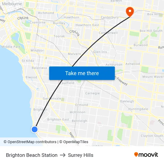 Brighton Beach Station to Surrey Hills map