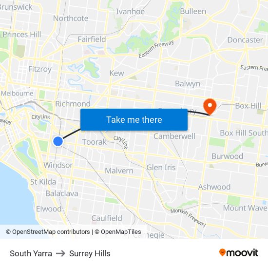 South Yarra to Surrey Hills map