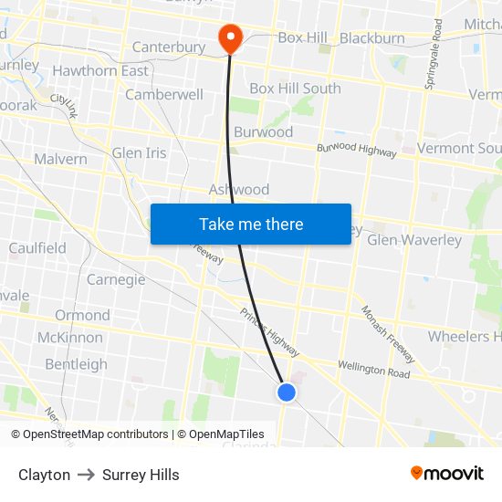 Clayton to Surrey Hills map