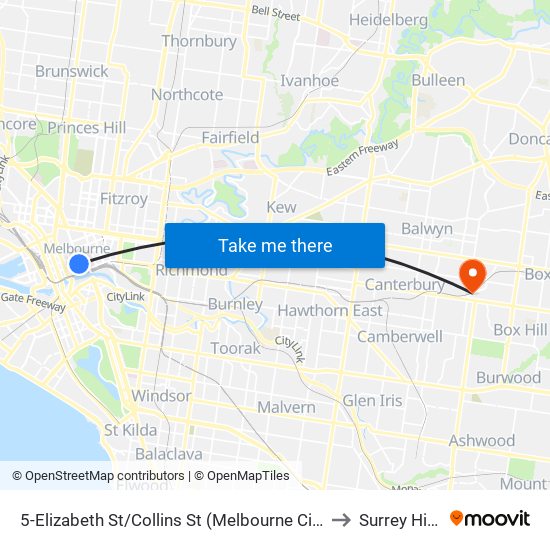 5-Elizabeth St/Collins St (Melbourne City) to Surrey Hills map