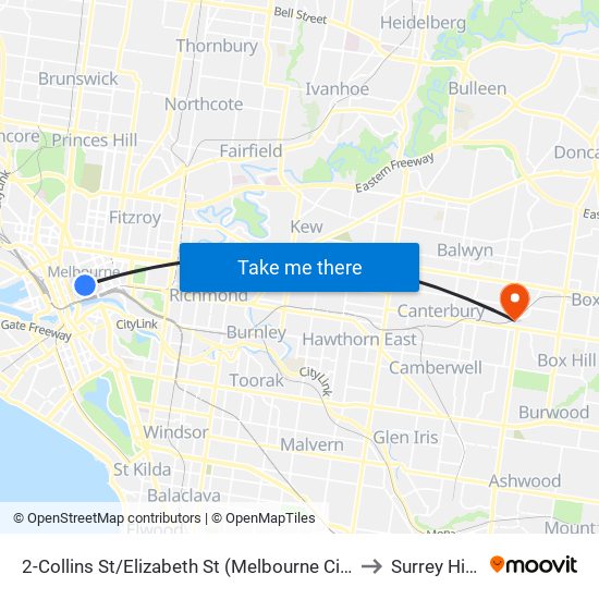 2-Collins St/Elizabeth St (Melbourne City) to Surrey Hills map