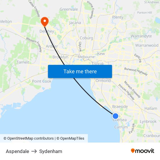 Aspendale to Sydenham map