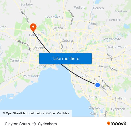 Clayton South to Sydenham map