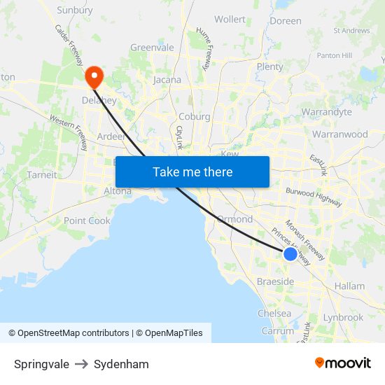 Springvale to Sydenham map