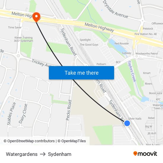 Watergardens to Sydenham map