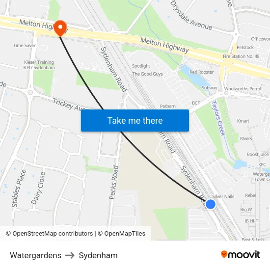 Watergardens to Sydenham map