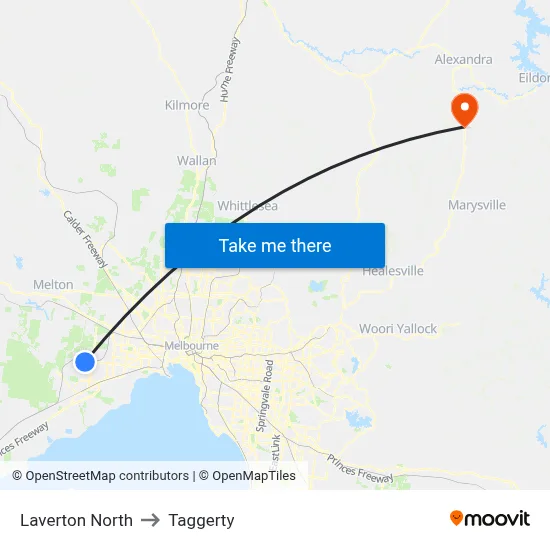 Laverton North to Taggerty map