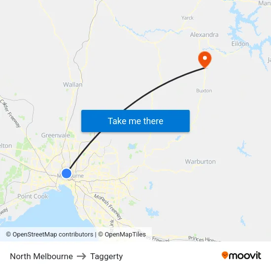 North Melbourne to Taggerty map