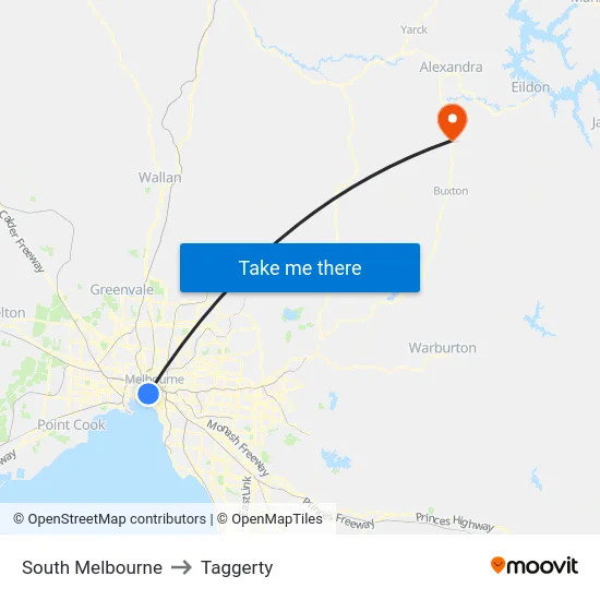 South Melbourne to Taggerty map