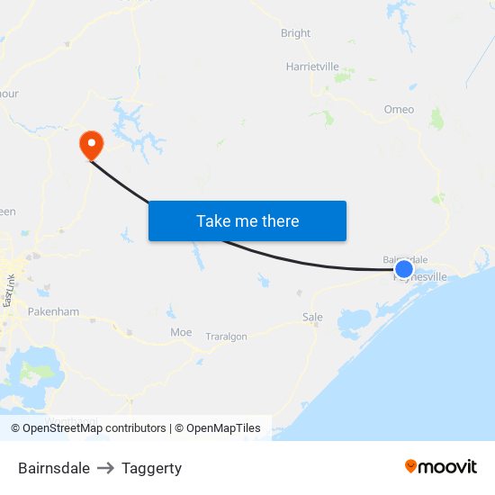 Bairnsdale to Taggerty map